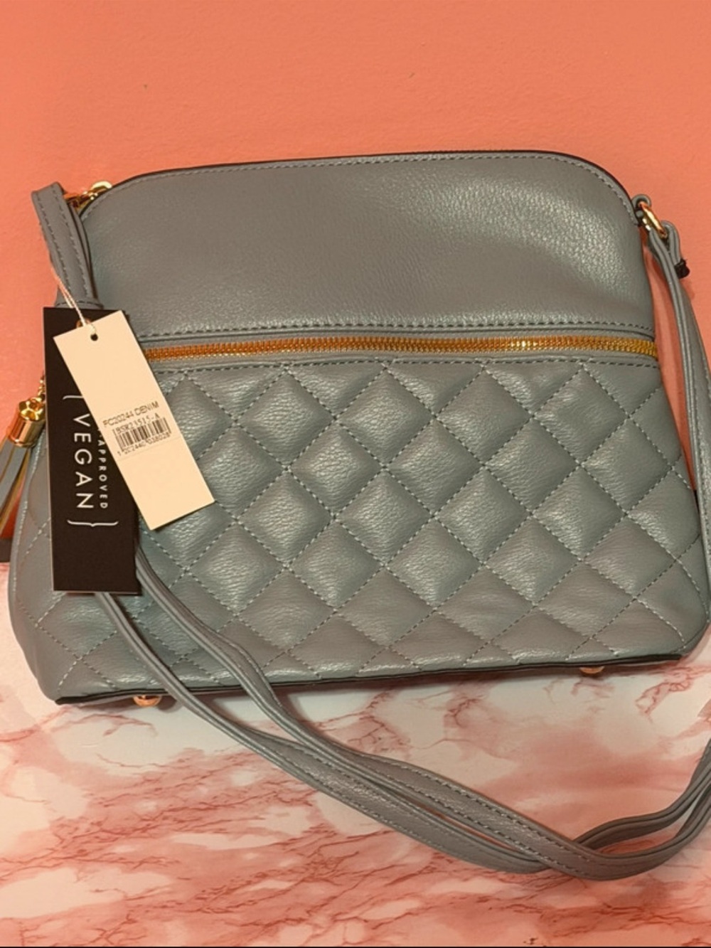 Vegan Quilted Crossbody Bag in Light Bluish Gray